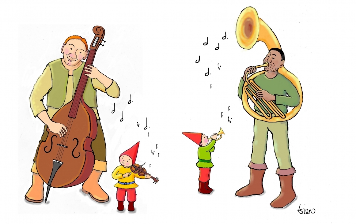 Reuzen en kabouters die muziek maken. Illustratie © Tineke Vlaming 2013