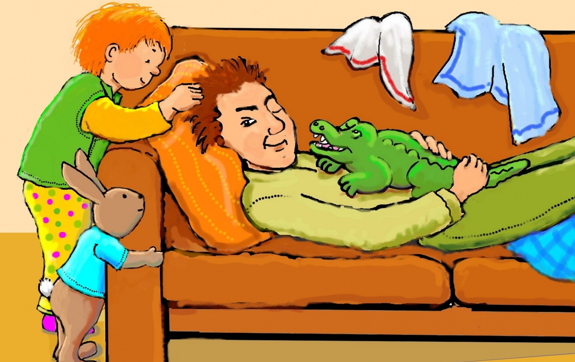 Krokodil, fragment van een illustratie uit het prentenverhaal Griezelgrapjesdag van Tineke Vlaming