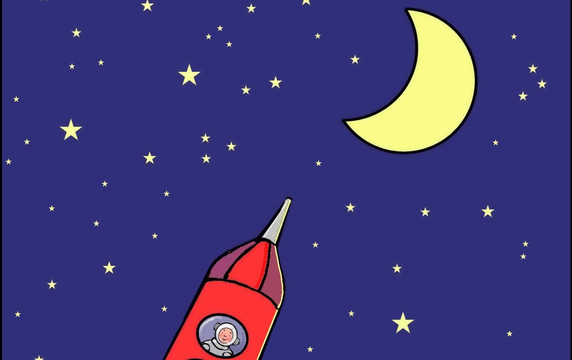 Met de raket naar maan en sterren. Illustratie © Tineke Vlaming. www.vooralleseenliedje.nl