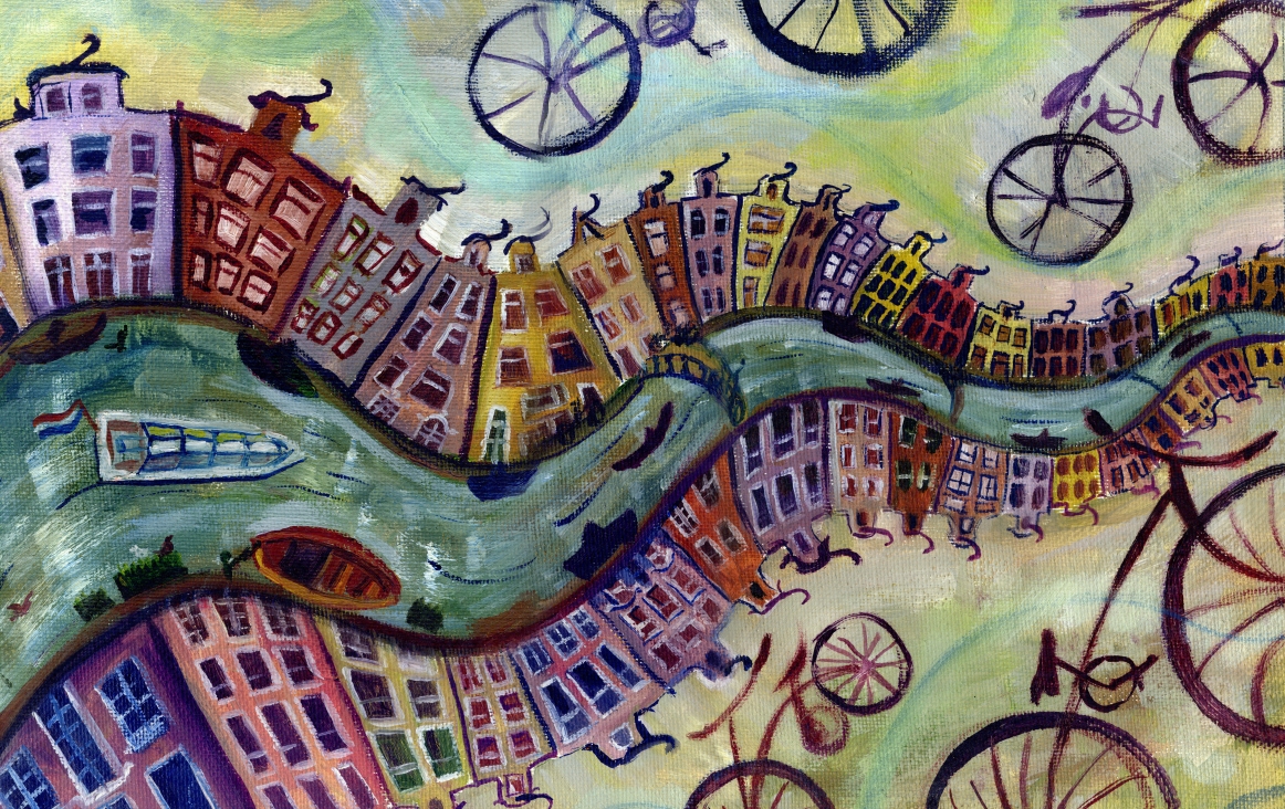 Olieverfschilderij van Amsterdam met roeiboot, fietsen en grachtenhuizen