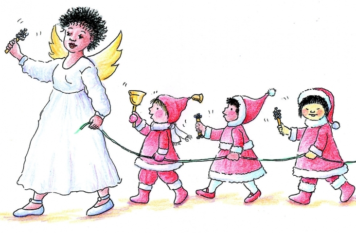 'Kerstengel' met 'kerstmannetjes' en rinkelinstrumenten in een rij. Illustratie Tineke Vlaming