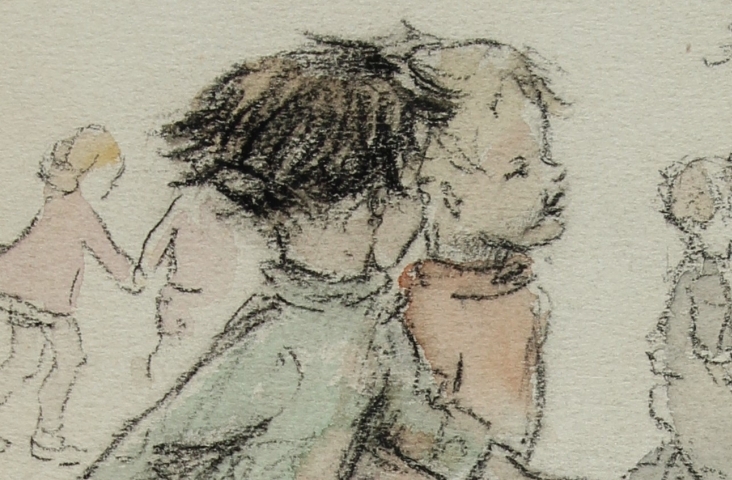 Door Annie Langelaar getekende uitbeelding van het lied 'Schip moet zeilen' (fragment). Bron: Archief Annie Langelaar