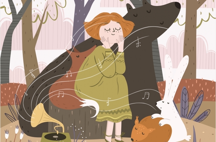 Meisje, beer en muziek. Illustratie Shutterstock (fragment)