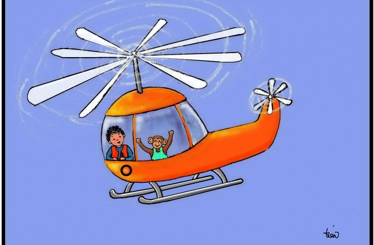 Met de helikopter de lucht in. Illustratie © Tineke Vlaming