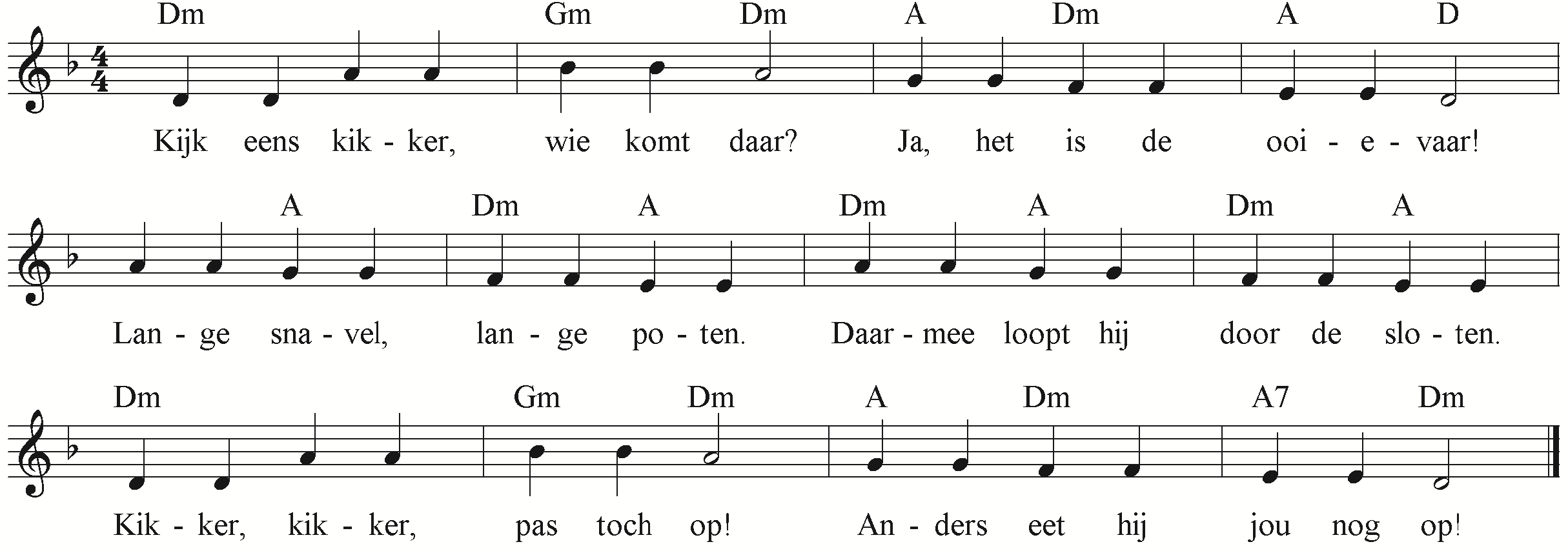 De kikker moet opletten, want de ooievaar is op jacht. Liedje voor peuters, op melodie van 'Altijd is Kortjakje ziek'.