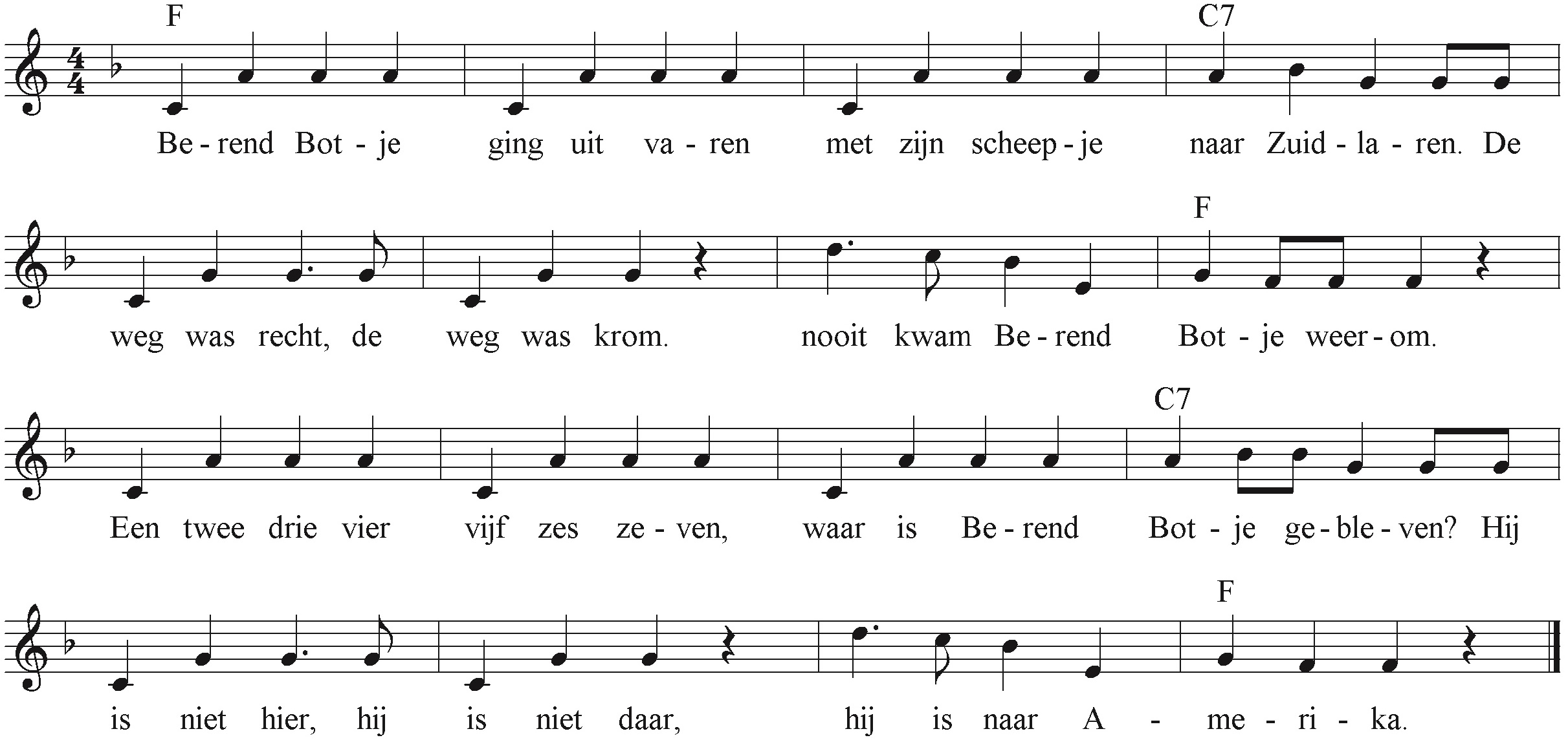 Berend Botje bladmuziek van 'Berend Botje', traditioneel liedje over Berend die met zijn boot wegvaart ver over zee.