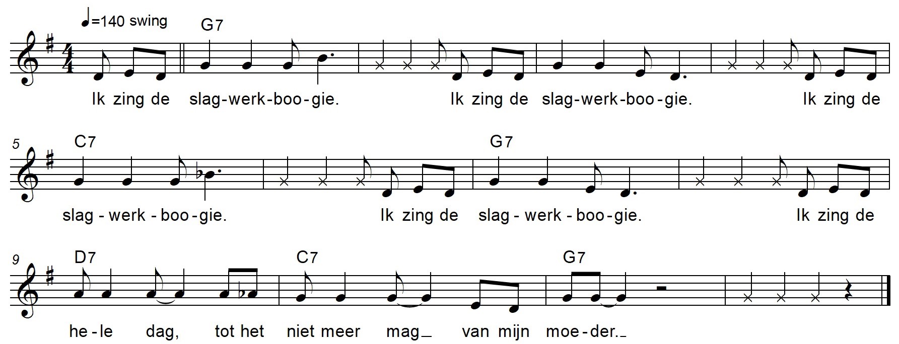 De 'Slagwerkboogie', lied van Suzan Overmeer. Hierin wisselen gezongen tekst en met bodypercussie of slaginstrumenten gespeelde ritmes zich af. 