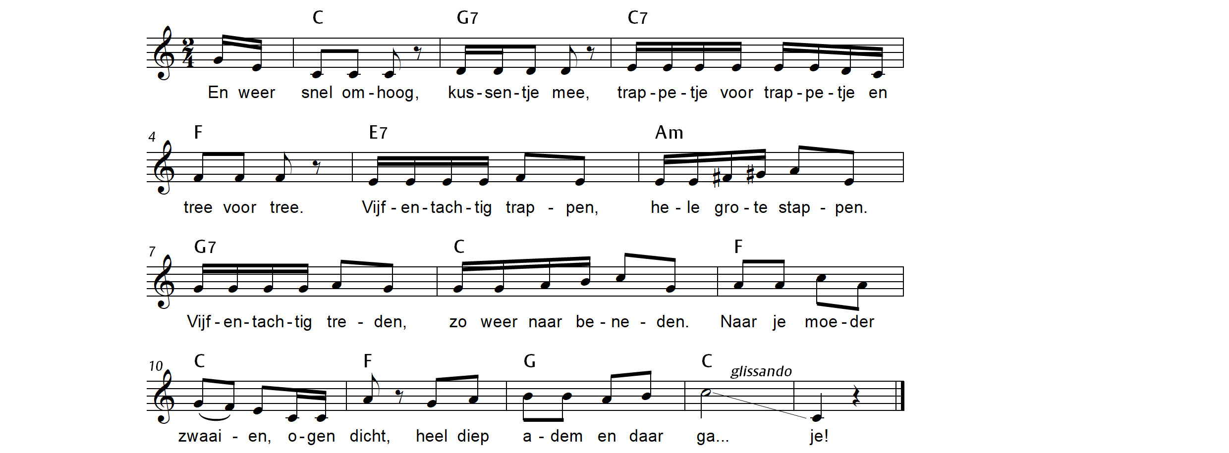 Glijbaan. In ritme en melodie heel gevarieerd lied, mét glissando naar beneden als tekstuitbeelding