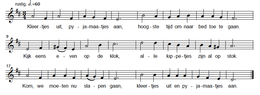 Notenvoorbeeld kinderliedje Kleertjes uit, pyjamaatjes aan