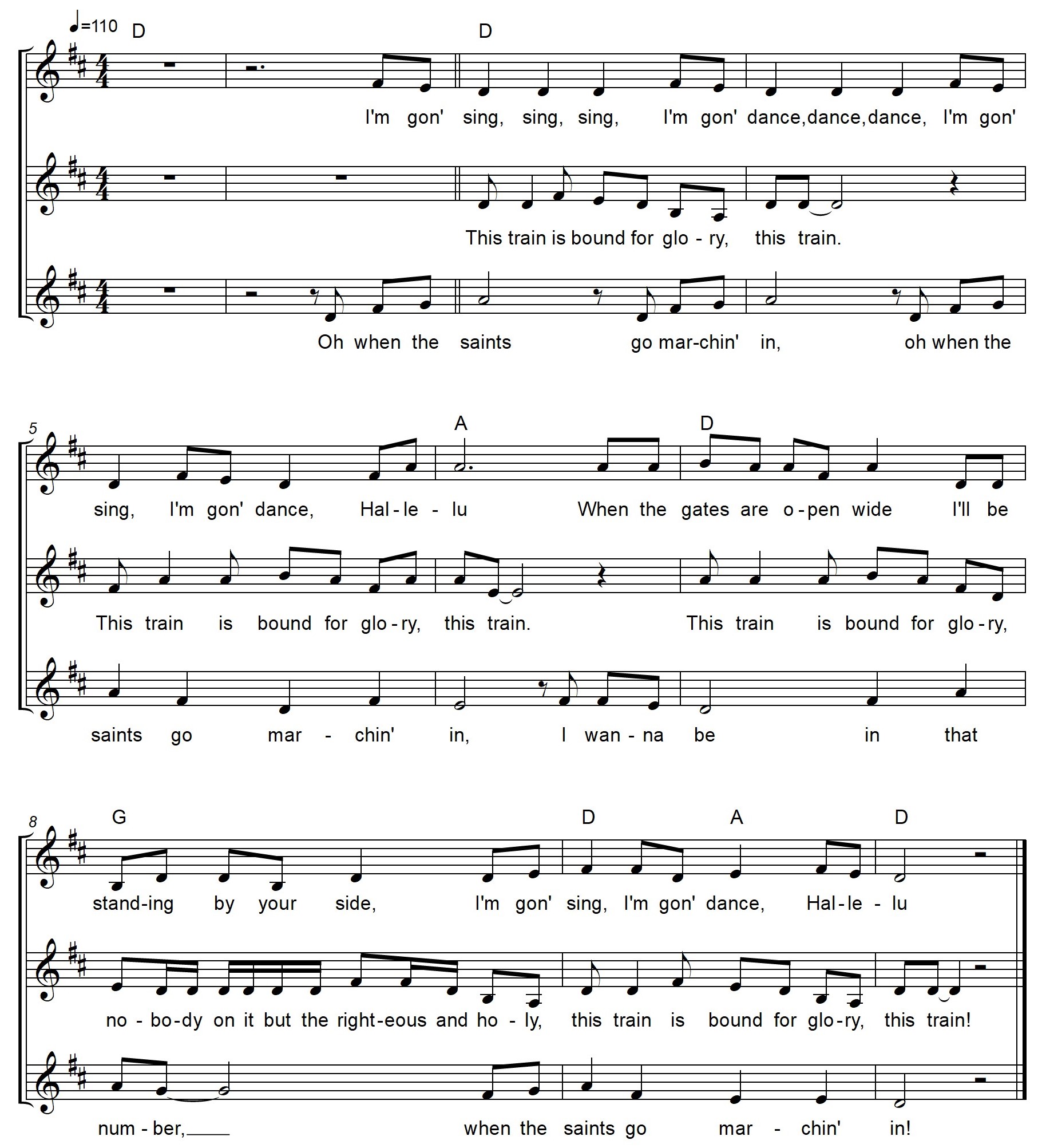 bladmuziek van 'Sing, Train, Saints', quodlibet van de Amerikaanse liedjes 'I'm gon' sing', 'Oh when the saints' en 'This train is bound for glory'